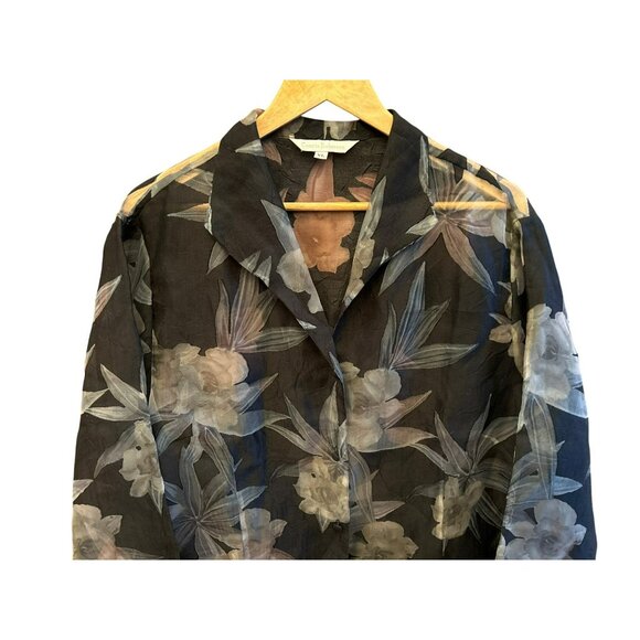 Vintage Connie Roberson Black Floral Print Sheer Button Up Blouse XL 1990s - Picture 3 of 5
